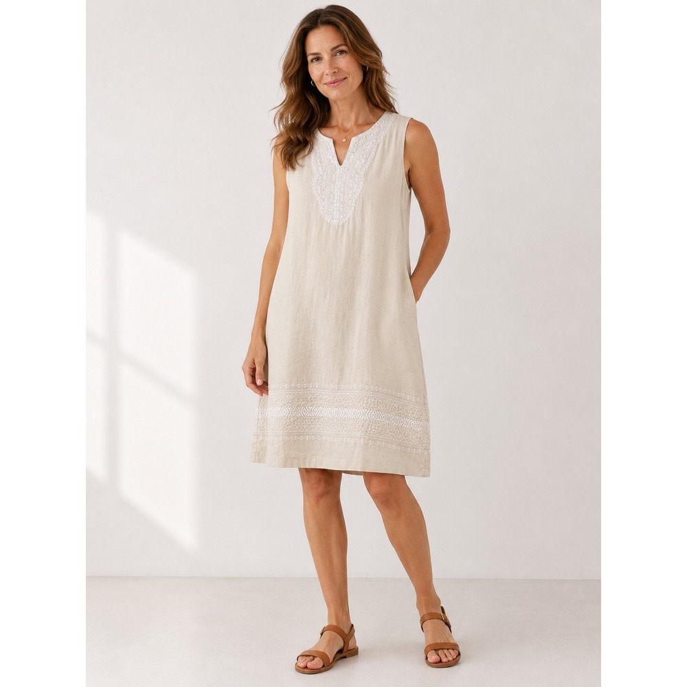 J.McLaughlin Tan Linen Embroidered Sleeveless Shift Dress XL Beige Pockets‎